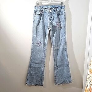 Zanadi, women's vintage bell bottom jeans with pink/purple bling. Size 9.